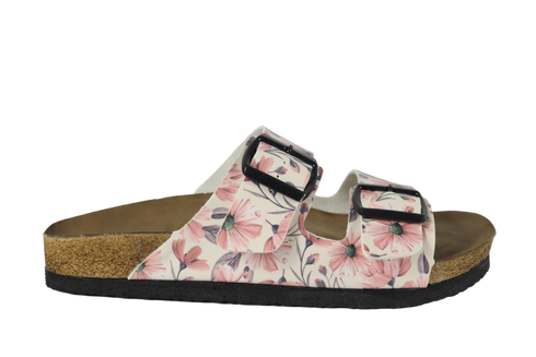 Klapki w różowe kwiaty i szare liście wyprofilowane - Mumka Shoes Polska