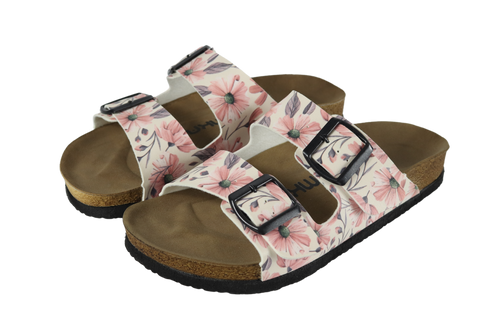 Klapki w różowe kwiaty i szare liście wyprofilowane - Mumka Shoes Polska