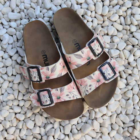 Klapki w różowe kwiaty i szare liście wyprofilowane - Mumka Shoes Polska