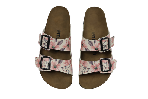 Klapki w różowe kwiaty i szare liście wyprofilowane - Mumka Shoes Polska