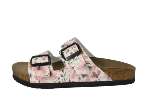 Klapki w różowe kwiaty i szare liście wyprofilowane - Mumka Shoes Polska